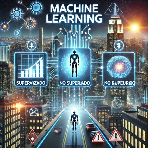 Que es machine learning y para que sirve. Representacion de Machine learning con sus tres tipos de aprendizaje y una ciudad futurista al fondo