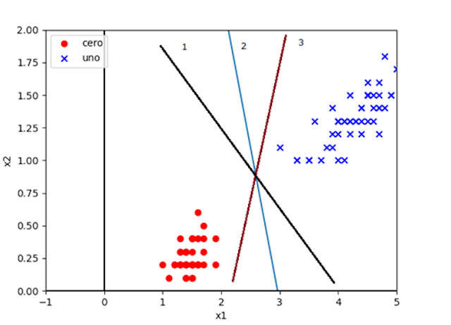 Grafico que ilustra el funcionamiento de una Maquina de Soporte Vectorial (SVM) en un problema de clasificación binaria