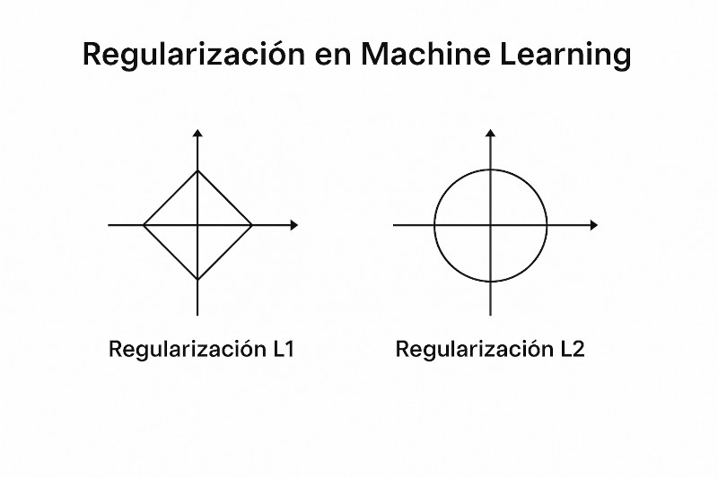 Regularización en Machine Learning: Tipos y Visualización Gráfica Fotografía panorámica sobre regularización en machine learning que muestra los tipos L1, L2 y ElasticNet con gráficos representativos y fondo blanco.