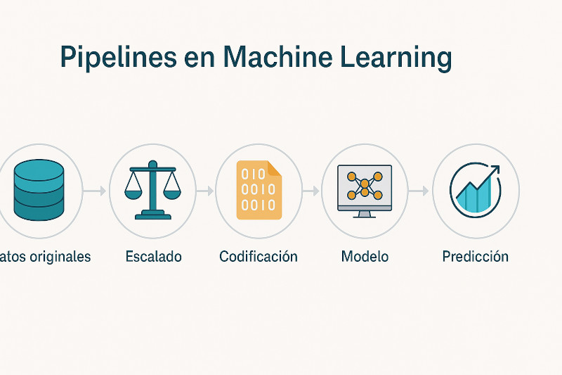 Diagrama ilustrado de un pipeline de Machine Learning que muestra cinco etapas secuenciales: datos originales, escalado, codificación, modelo y predicción. Cada paso está representado con un ícono gráfico y conectado mediante flechas, bajo el título “Pipelines en Machine Learning"