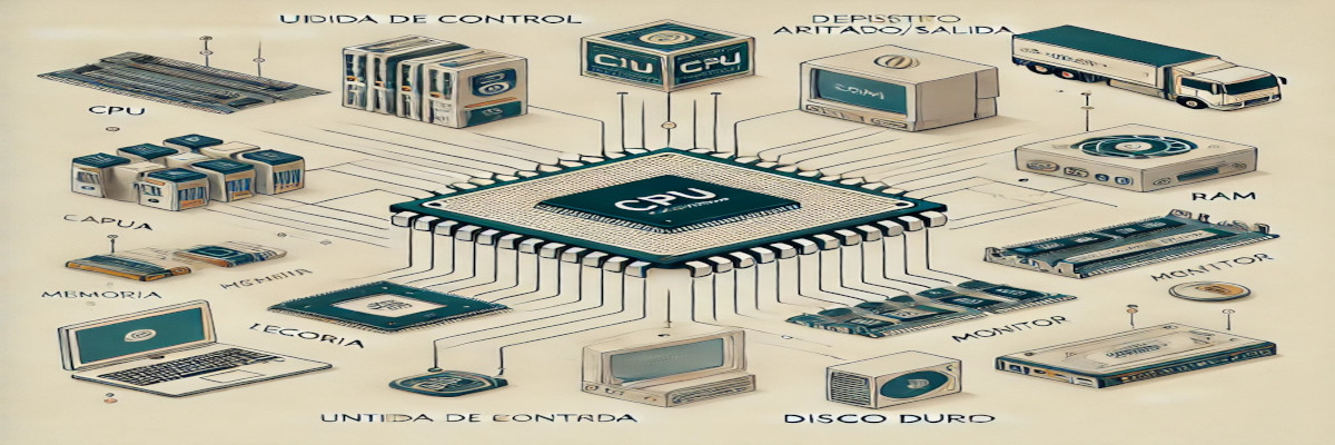 Imagen conceptual de la arquitectura de ordenadores que muestra la CPU, la memoria y los dispositivos de entrada/salida. Representa de manera clara cómo interactúan estos componentes básicos.