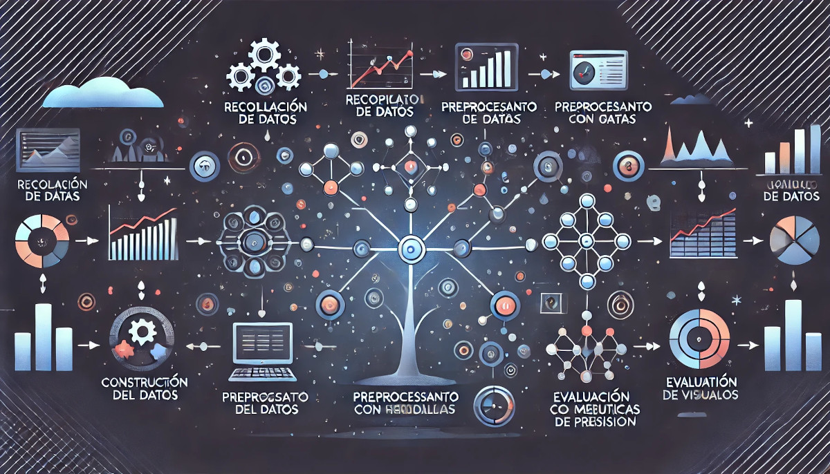 Imagen que muestra los pasos para implementar un Árbol de Decisiones, incluyendo la recopilación de datos, preprocesamiento, construcción del modelo y evaluación del rendimiento.