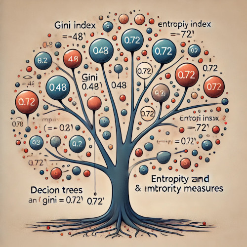 Diagrama conceptual de un árbol de decisiones que muestra cómo las impurezas, medidas mediante el índice de Gini y la entropía, disminuyen a medida que el árbol crece.