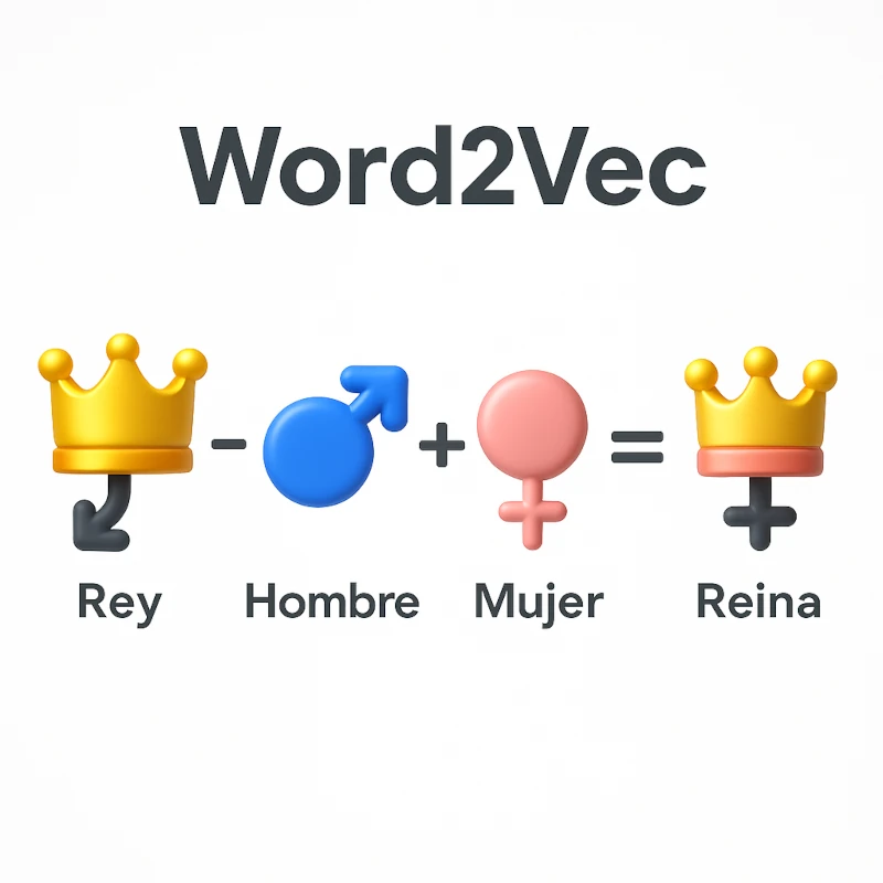 Nos muestra la imagen de Word2Vec con un ícono de corona con el texto “Rey” menos un ícono de hombre (“Hombre”), más un ícono de mujer (“Mujer”) igual a un ícono de corona rosa con el texto “Reina”