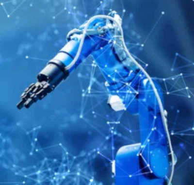 Automatizaci贸n Industrial y Conectividad Digital mediante IA. Un brazo articulado rob贸tico de color azul, dise帽ado para procesos industriales, rodeado por una red digital de nodos y l铆neas brillantes interconectadas. La imagen simboliza la Industria 4.0, la automatizaci贸n avanzada y la integraci贸n de sistemas inteligentes en la manufactura moderna.