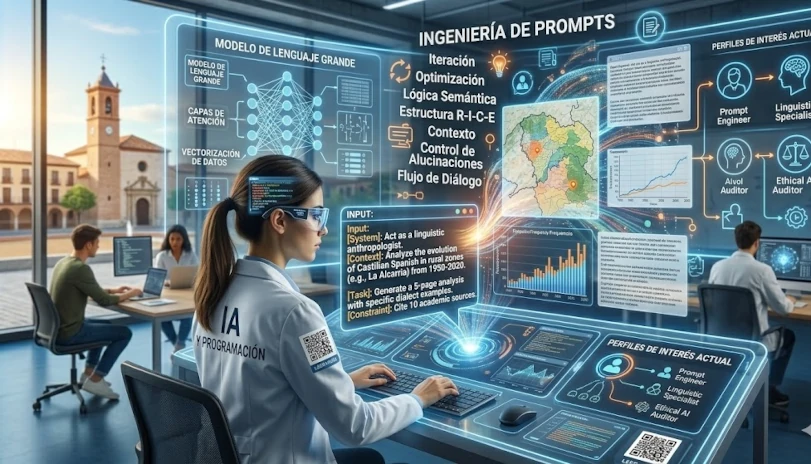 Guía General de Ingeniería de Prompts: Estructura, Conceptos y Perfiles Profesionales Una experta de "IA y Programación" trabajando en un laboratorio tecnológico avanzado con pantallas holográficas. La interfaz principal detalla conceptos de ingeniería de prompts como "Estructura R-I-C-E", "Lógica Semántica", "Control de Alucinaciones" e "Iteración". A la derecha se muestra un panel con perfiles de interés actual como "Prompt Engineer", "Linguistic Specialist" y "Ethical AI Auditor". Al fondo, a través de una gran ventana, se aprecia un entorno arquitectónico de Castilla-La Mancha bajo una luz diurna clara.