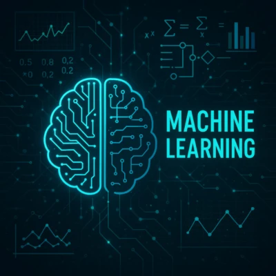 Estructura lógica y matemática del Machine Learning Infografía digital de un cerebro formado por circuitos electrónicos rodeado de gráficas estadísticas y fórmulas matemáticas, con el texto central Machine Learning sobre un fondo azul oscuro tecnológico.