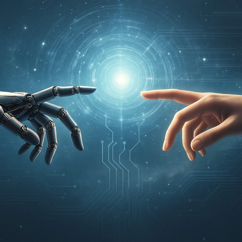 La uni贸n entre la inteligencia humana y la IA generativa Representaci贸n visual de la ingenier铆a de prompts: una mano rob贸tica y una mano humana a punto de tocarse bajo una luz digital de inteligencia artificial generativa