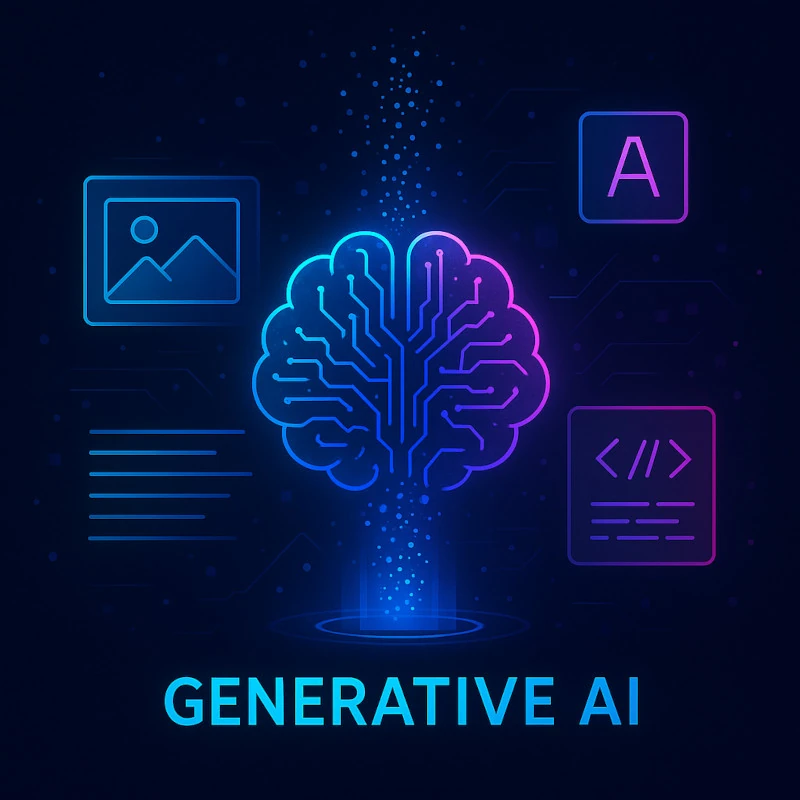 Ilustraci贸n de un cerebro digital de ne贸n rodeado de iconos que representan la creaci贸n de im谩genes, bloques de texto, tipograf铆a y c贸digo de programaci贸n, con el t铆tulo GENERATIVE AI en la base.