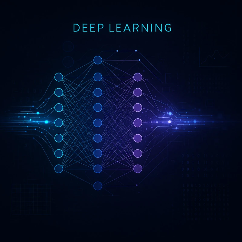 Arquitectura de una Red Neuronal Profunda Diagrama de una red neuronal de Deep Learning con múltiples capas de nodos interconectados por líneas de datos, mostrando la entrada, las capas ocultas y la salida sobre un fondo tecnológico oscuro.