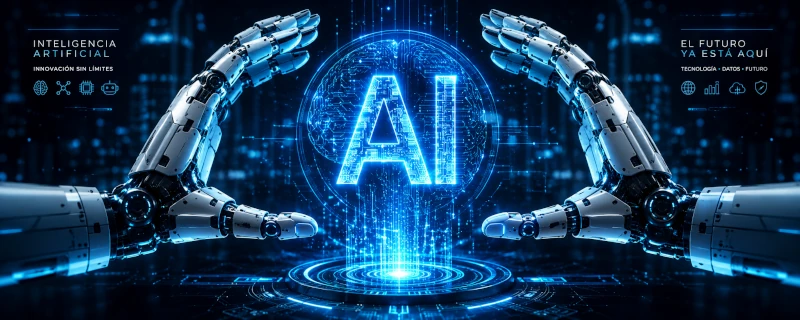 Banner futurista de inteligencia artificial con manos robóticas Manos robóticas futuristas sosteniendo un holograma brillante de inteligencia artificial con luces azul neón y fondo tecnológico de ciencia ficción.