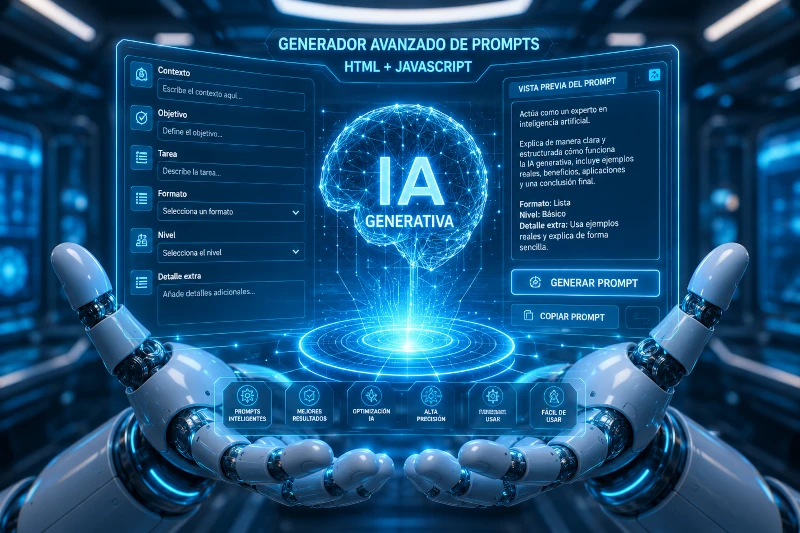 Generador avanzado de prompts con HTML y JavaScript mostrando una interfaz futurista de inteligencia artificial generativa con holograma azul neón y manos robóticas tecnológicas