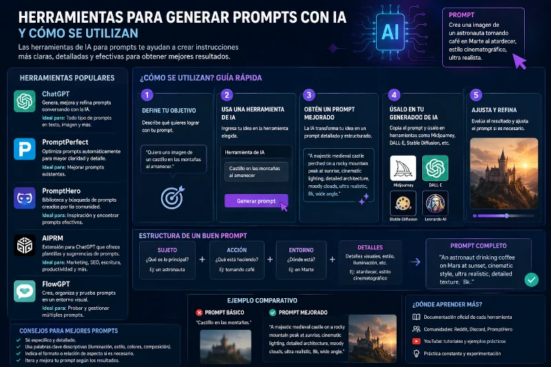 Infografía sobre herramientas para generar prompts con inteligencia artificial, mostrando plataformas como ChatGPT, PromptPerfect y Stable Diffusion, junto con una guía visual de cómo crear prompts efectivos para imágenes IA.
